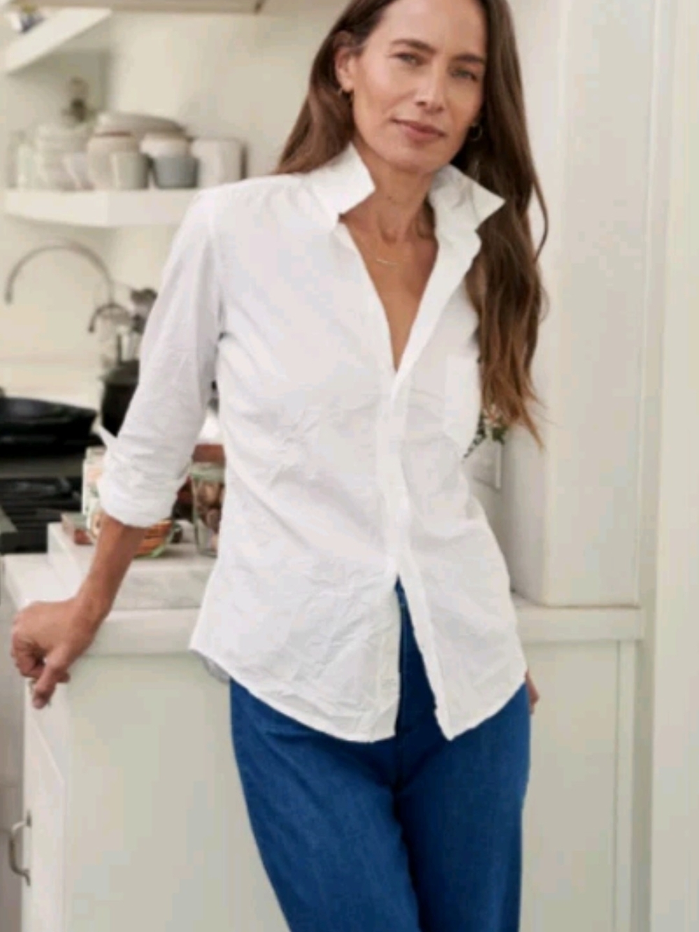 FRANK & EILEEN Berry Crinkle White Button-Down V-Neck Pocket Poplin Shirt Size M